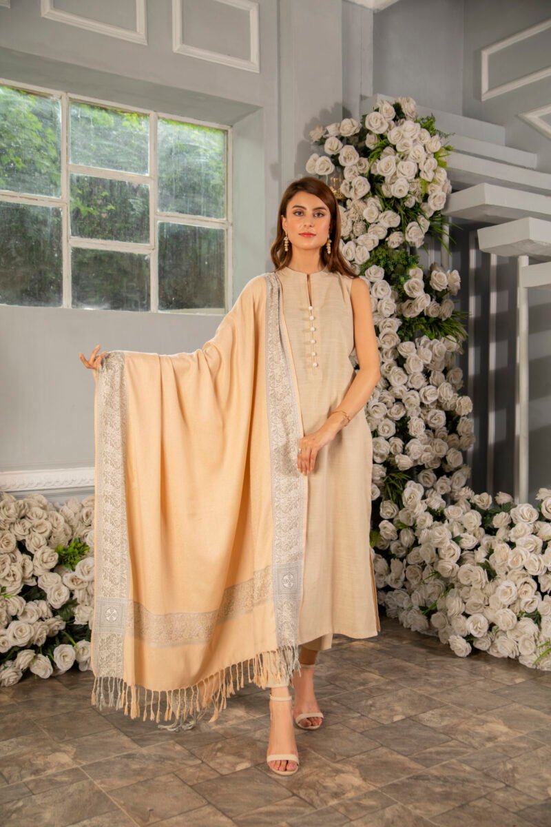 Beige Jacquard Wool Shawl